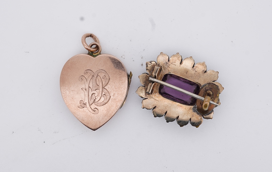 A Victorian yellow metal, amethyst and garnet cluster set brooch, 22mm, an early 20th century yellow metal and seed pearl set heart shaped locket, a yellow metal, garnet and zircon set three stone bar brooch and a tortoi